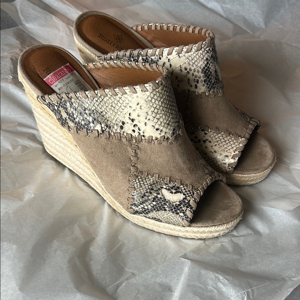Ruff Hewn Tan and Cream Wedge Sandals with Perforated Design